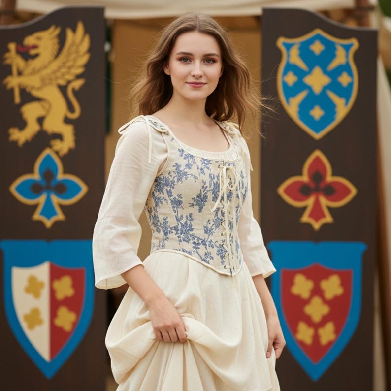 Floral linen corset bodice with lace-up front and shoulder ties, Renaissance-inspired cottagecore medieval top