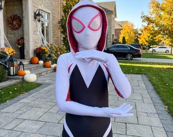 Kids Gwen Spider Costume – Pink Hooded Girls Bodysuit, Full Face Mask, Halloween Cosplay, Comic Hero Dress Up Outfit