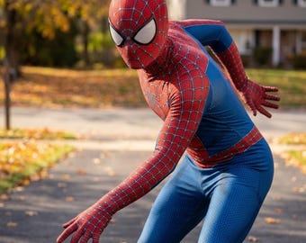 Fantasia do Homem-Aranha para Adultos – Macacão com Estampa de Teia Vermelha e Azul, Máscara Removível, Roupa Completa para Cosplay de Halloween, Ideal para Convenções de Quadrinhos