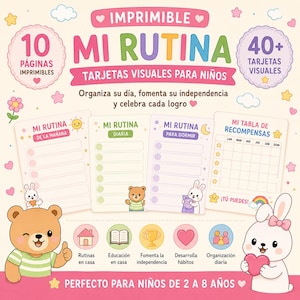 May include: A printable visual routine chart set for children featuring 10 pages and 40+ cards. The design includes text in Spanish such as MI RUTINA, MI TABLA DE RECOMPENSAS, and illustrations of a brown bear and a white rabbit with colorful hearts and stars.