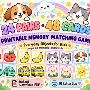 Puede incluir: Un juego de memoria imprimible con 24 pares y 48 tarjetas que muestran ilustraciones de objetos cotidianos como manzanas, plátanos, gatos, coches, autobuses, flores y soles. El diseño incluye un perro, un gato y una mariposa con texto.