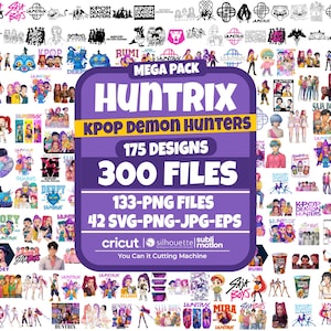 Peut inclure: Un pack graphique numérique à télécharger avec le texte "HUNTRIX KPOP DEMON HUNTERS", comprenant 175 designs et 300 fichiers. Inclut les formats PNG, SVG, JPG et EPS. Compatible avec les machines de découpe Cricut et Silhouette.