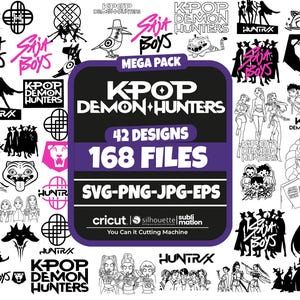May include: A collection of black and white graphic designs with the text "KPOP DEMON HUNTERS" and "Sijit Boys". The designs include illustrations of figures, animals, and abstract shapes. The image also includes the text "MEGA PACK", "42 DESIGNS", "168 FILES", and "SVG-PNG-JPG-EPS".