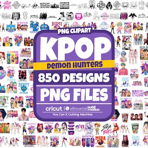 May include: A collection of KPOP-themed PNG clipart files. The central image features a purple banner with the text "KPOP Demon Hunters" and "850 Designs PNG Files." The image includes various designs and logos, suitable for cutting machines.