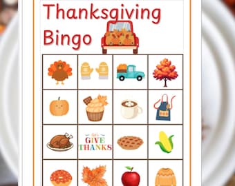 May include: Thanksgiving Bingo game card with a red truck carrying pumpkins at the top. The card features illustrations of a turkey, mittens, a pumpkin, a cupcake, a mug of hot chocolate, a roasted turkey, a pie, a corn, a donut, a leaf, an apple, and a sweater.