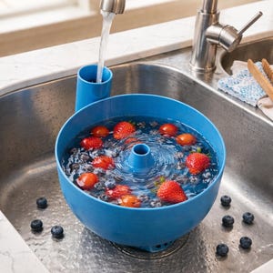 Può includere: Una ciotola blu per lavare le bacche, piena d'acqua, fragole e mirtilli. La ciotola è in un lavello in acciaio inossidabile con un rubinetto. Il testo sull'immagine dice "BERREN WASCHSCHÜSSEL" e "Obsträlegen für Erdbeeren & Blaubeeren."
