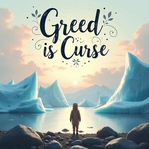 Könnte beinhalten: Ein digitales Kunstwerk mit dem Text "Greed is Curse" über einer ruhigen Szene. Eine Person in einem Kapuzenmantel steht vor Wasser, mit Eisbergen und Bergen unter einem Sonnenuntergang. Das Bild erzeugt ein Gefühl von Isolation und Reflexion.