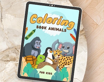 May include: A tablet displaying a colorful children's coloring book cover with the title "Coloring Book Animals." The cover features cartoon illustrations of a gorilla, penguin, cheetah, elephant, turtle, and other animals. The text "For Kids" is also visible.