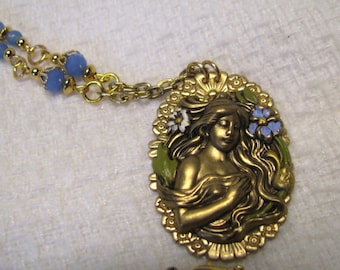 Antique Brass Goddess Cameo Necklace, Periwinkle Blue, Blue Chalcedony Beads, Gold Plated Cameo Necklace