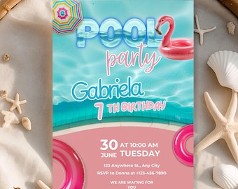 Girls Pool Party Birthday Invitation, Summer Pool Party Invite for Teen Girls, Editable Canva Template, Digital Download