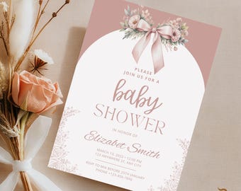 Babypartyeinladung mit rosa Schleife, Kokette Mädchen einladen, bearbeitbare Canva-Vorlage, Blush Ribbon einladen, Babyparty für Mädchen, digitaler Download