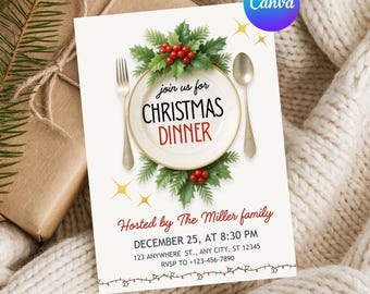 Puede incluir: Una tarjeta de invitación a la cena de Navidad con el texto "join us for CHRISTMAS DINNER". La tarjeta presenta un plato con acebo y bayas, un tenedor y una cuchara. La tarjeta está organizada por la familia Miller.