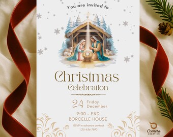 May include: A Christmas Celebration invitation card with a Nativity scene illustration. The card features the text "You are invited to" at the top, with the words "Christmas Celebration" in elegant script. The date, time, and location are also included.