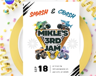Monster Truck Party Invitation, Boom Crash Birthday Template, Editable Canva Invite