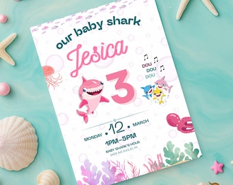 Invitación de cumpleaños de Baby Shark, editable e imprimible, para fiesta infantil, descarga digital