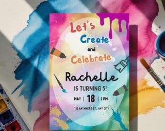 Kunst verjaardagsuitnodiging voor kinderen, schilderij feestuitnodiging, creatief kunstfeest, bewerkbare canvassjabloon, digitale download