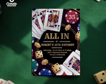 May include: A poker-themed invitation with the text "ALL IN" and details for Robert's 35th birthday. The design includes playing cards, dice, poker chips, and gold coins on a dark background.