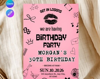 Pink Girls Birthday Invitation, Mean Girls Party Invite, Editable Canva Template, Pink Night Out Theme, Digital Download