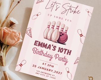Bowling Birthday Invitation, Editable Bowling Party Invite, Kids Birthday Canva Template, Strike Up Some Fun Invite, Printable Birthday Card