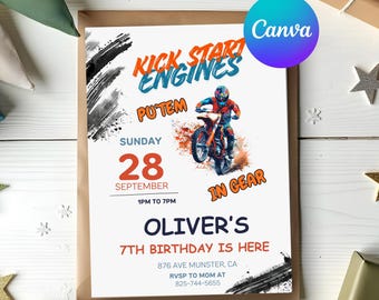 Motocross-Geburtstagseinladung, Dirt Bike Party einladen, bearbeitbare Canva-Vorlage