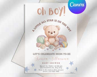 Oh Boy Sports-babyshoweruitnodiging, bewerkbare sjabloon sportthema