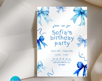 Blue Bow Birthday Invitation, Coquette Party Invite, Editable & Printable Kids Birthday Template