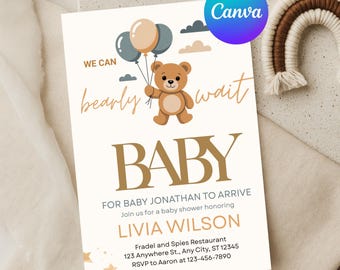 Bearly Wait Baby Shower Invite, Teddy Bear Canva Template