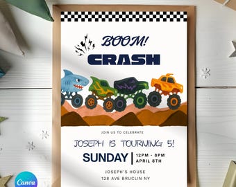 Monster Truck Birthday Invitation, Editable Truck Party Template, Boom Crash Invite
