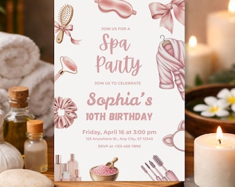 Spa Party Birthday Invitation for Girls, Pink Spa Birthday Party Invite, Editable Canva Template, Digital Download
