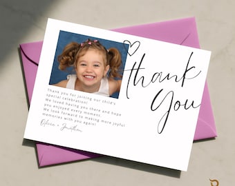 Modèle de carte de remerciement photo, merci d'anniversaire pour enfants modifiable, carte de remerciement imprimable minimale moderne
