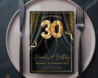 30th Birthday Invitation Black Gold, Elegant Gold Balloon 30 Party Invite, Adult Milestone Birthday, Editable Canva Template