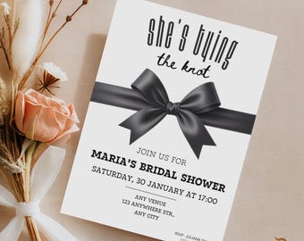 She’s Tying the Knot Bridal Shower Invitation, Black Bow Ribbon Invite, Editable Canva Template, Elegant Bridal Shower, Printable Invite