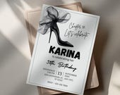 Elegant Birthday Invitation, Black Bow Birthday Invite, Chic Minimal Party Invitation, Editable Canva Template