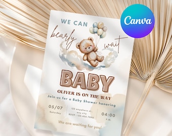 We Can Bearly Wait Baby Shower Invite, Teddy Bear Blue Boho Template