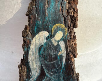 Hand-painted oak wood angel with natural bark "The Revealed Angel"  | One-of-a-kind spiritual art