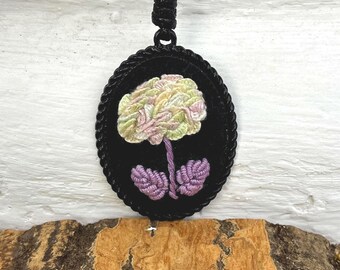 Hand Embroidered Pendant Necklace, Floral Jewelry, Hydrangea