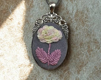Hand Embroidered Hydrangea Pendant Necklace: Floral Botanical Jewelry