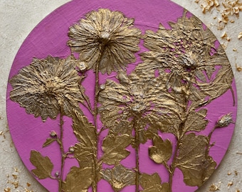 Handmade Botanical Wall Art Plaque – Floral Bas-Relief with Gold Accents