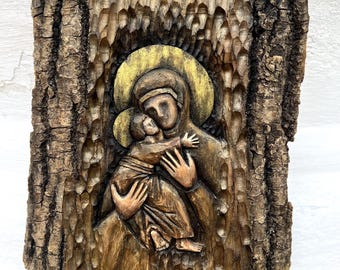 Hand Carved Ash Wood icon of the Mother of God. Christian home decor