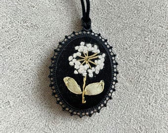 Hand Embroidered Pendant Necklace, Floral Jewelry, Dandelion on black fabric