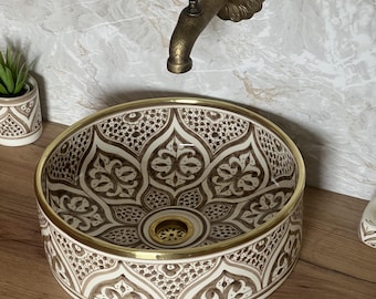 Lavabo cilíndrico marrón y blanco con borde de latón + obsequio, decoración de baño bohemia terrosa, cerámica marroquí color topo, lavabo de mano