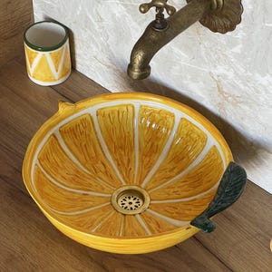 Handmade Ceramic Lemon Vessel Sink with 3D Leaf | Mediterranean Yellow Citrus Wash Basin | Fresh Summer Bathroom Decor + FREE Set
