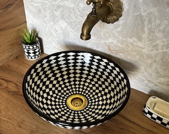 白黒市松模様の洗面器｜幾何学模様のダイヤモンド型セラミックボウル｜ハーレクイン・オプティカル・イリュージョン洗面器＋無料ギフト
