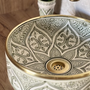 Sage Green Cylinder Vessel Sink with Brass Rim | Moroccan Floral Ceramic Wash Basin | Flat Bottom Bathroom Vanity Bowl + FREE Gifts