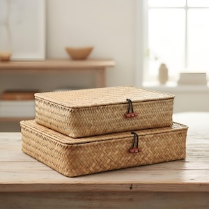 Può includere: Due scatole portaoggetti rettangolari intrecciate con coperchi, impilate su una superficie di legno. Le scatole sono realizzate in materiale intrecciato marrone chiaro con un motivo strutturato. Ogni scatola ha un cordino scuro e una chiusura a levetta in legno.