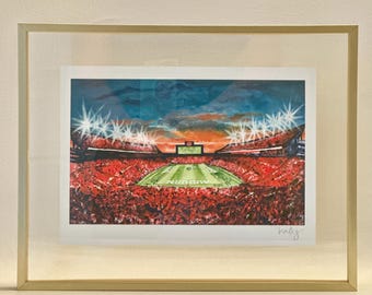 Framed Auburn Jordan Hare Painting | Auburn Football Print in 11.5" x 14.5" gold frame