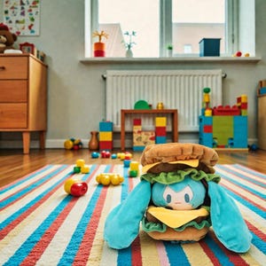 May include: A plush toy shaped like a hamburger with a blue-haired character inside. The burger has a brown bun, yellow cheese, and green lettuce. The toy is on a striped rug with red, blue, and white stripes.