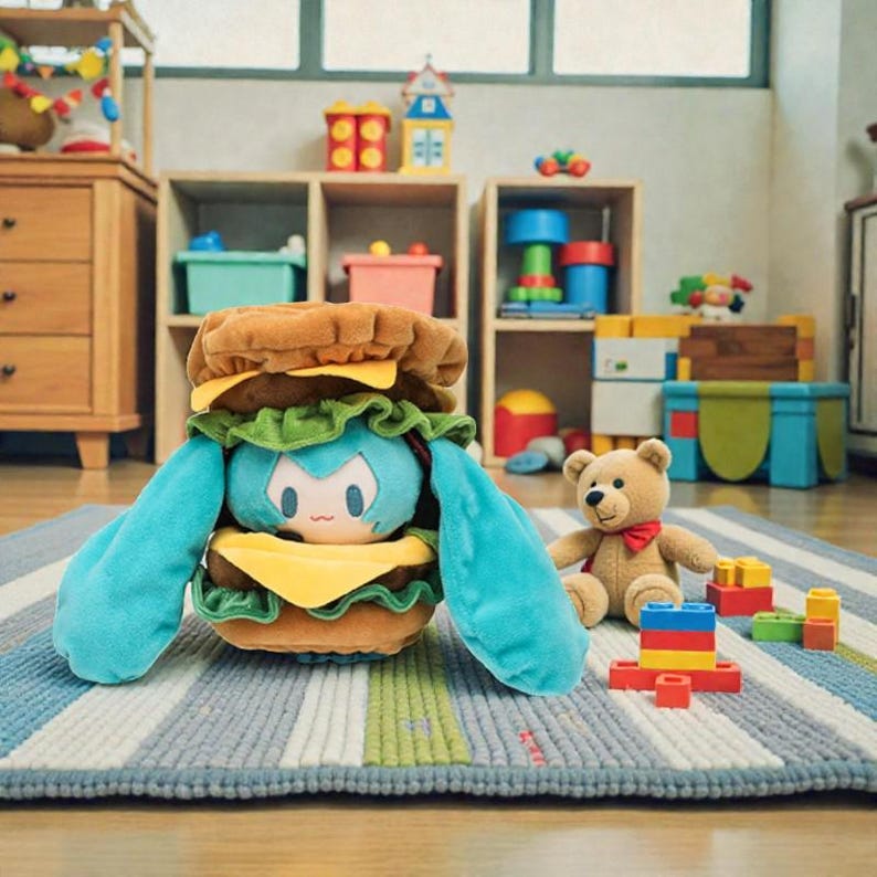 May include: A plush toy shaped like a hamburger with a blue character inside. The burger has brown buns, yellow cheese, and green lettuce. A teddy bear and colorful building blocks are also in the image.