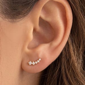 925 Sterling Silver CZ Climber Earrings, Gold or Silver Tiny Crawler Studs, Curved Star Bar Earrings, Minimalist Jewelry Gift