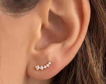 925 Sterling Silver CZ Climber Earrings, Gold or Silver Tiny Crawler Studs, Curved Star Bar Earrings, Minimalist Jewelry Gift